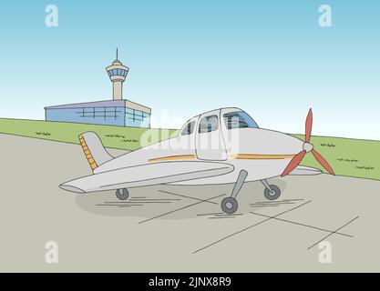 Airport exterior plane takes off graphic color sketch illustration vector Stock Vector