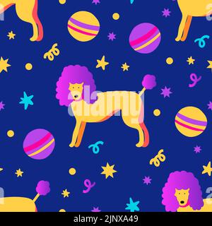 Dog poodle funky seamless pattern vector background. Cute animal happy pet puppy cartoon texture Stock Vector