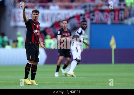 Milano, Italy. 13th Aug, 2022. Brahim Diaz of Ac Milan gestures during the Serie A match beetween Ac Milan and Udinese Calcio at Stadio Giuseppe Meazza on August 13, 2022 in Milano, Italy . Credit: Marco Canoniero/Alamy Live News Stock Photo