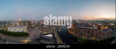 A drone aerial panorama showing the Leeds docks and surrounding area including the royal armories Stock Photo
