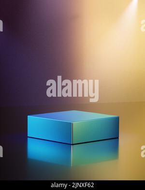 Vector 3d blue cube rendering podium with digital yellow purple blank wall. Minimal abstract background geometric shape cyan pastel cubicle stage. Stock Photo