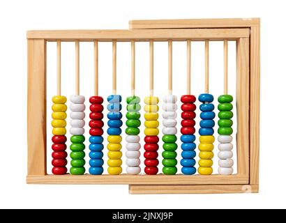 School abacus isolated on white. Colorful beads and wooden frame for kids to learn basic Maths, top view Stock Photo