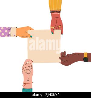 Four different female hands are holding an empty square sheet with space for your text. Vector trendy flat illustration. Stock Vector
