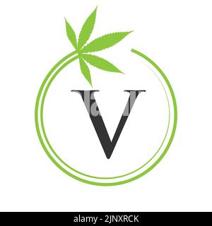 Cannabis Marijuana Logo on Letter V Concept For Health and Medical Therapy. Marijuana, Cannabis Sign Template Stock Vector