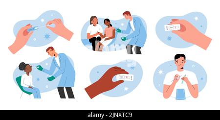 Covid19 test collection, rapid covid PCR test taken at home. Children getting a coronavirus vaccine shot, patient holding negative result, vector Stock Vector