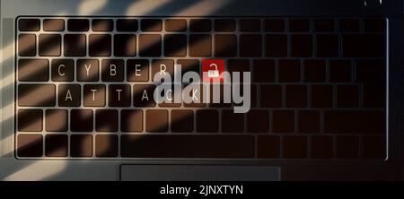 Banner top view of laptop keyboard with "Cyber attack" message on buttons. Security alert data Stock Photo
