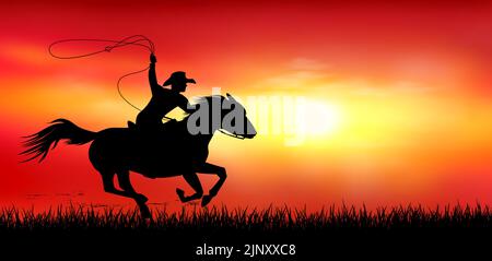 A man riding a horse. Cowboy with a lasso in his hands. A horse rider gallops against the backdrop of a sunset. Stock Vector