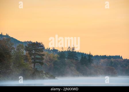 Stunning Autumn landscape sunrise image looking towards Catbells from Manesty Park in Lake District with mist rolling across the landscape Stock Photo
