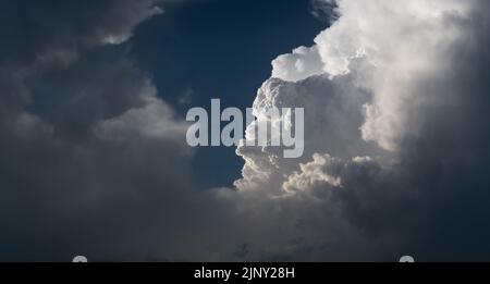 Big cloud in sky in dramatic sunlight close up, cloudscape panorama Stock Photo
