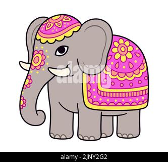 Cute cartoon decorated elephant drawing. Indian elephant with painted flowers and colorful cover. Vector clip art illustration. Stock Vector