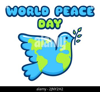 International World Peace Day. Dove of peace with planet Earth, banner design. Cute cartoon vector illustration. Stock Vector