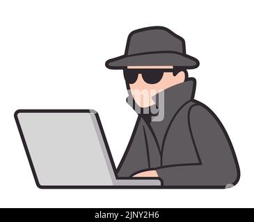 Spy agent with laptop getting access to confidential information. Surveillance and privacy vector illustration. Stock Vector