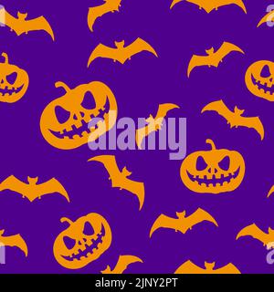 Halloween pattern with pumpkins, bats. Purple and orange background. Greeting texture for party and sale. Autumn holidays. Stock Vector