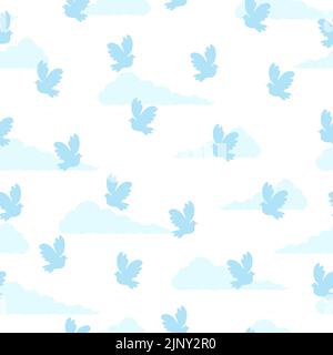 Cartoon pattern dove of peace in the sky with clouds. Blue pigeon bird freedom fly. Vector illustration. Wings and tail shine blue. Stock Vector