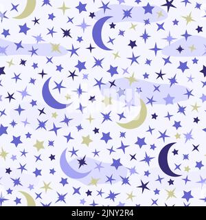 Wallpaper for the nursery of colorful stars with moon, clouds. Seamless pattern with star and moon in sky. Cosmos stars background for kids, children, Stock Vector