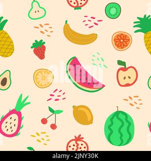 Hand drawn cute seamless pattern fruits, Orange, Banana, Pomeganate, Cherry, Strawberry, Lemon and leaf on pink pastel background. Vector illustration Stock Vector