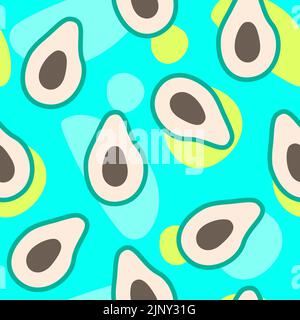 Avocado seamless pattern. Simple color design. Light blue vector background. Natural fruit summer concept. Vector illustration. Stock Vector