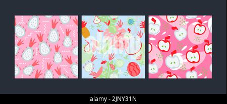 Set of vector seamless patterns with fruits. Trendy hand drawn textures. Modern abstract design for paper, cover, fabric, interior decor and more. Stock Vector