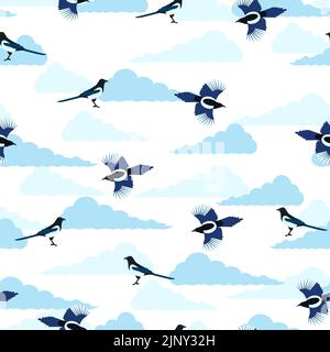 Cartoon pattern Chinese magpie in sky with clouds. The national bird of Korea is the magpie. Black and white long-tailed bird illustration. Wings and Stock Vector