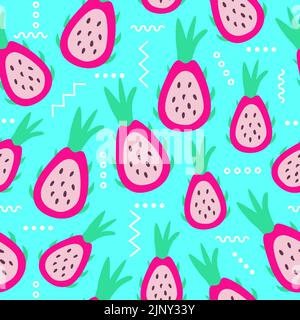 Exotic colorful tropical fruits Dragon fruit Pitaya Pitahaya. Abstract elements Seamless background pattern. Unique hand drawn stylish design Stock Vector