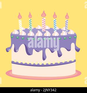 Festive birthday cake with candles drawn in cartoon style. Vector illustration. Stock Vector
