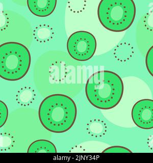 Seamless pattern of kiwi cut into pieces on a green background. Cartoon flat kiwi and sliced seamless pattern. Organic fruit background. Stock Vector