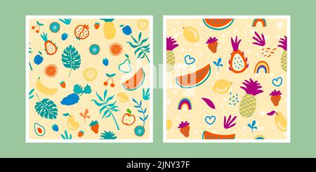 Seamless pattern of exotic fruits in hand drawn style. Vector repeat background for colorful summer fabric. Stock Vector