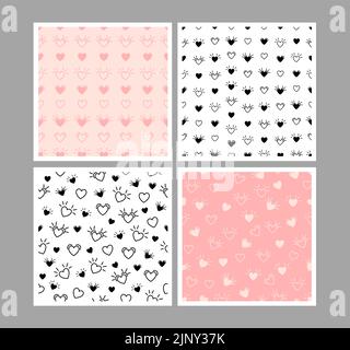 Four love different seamless patterns with hearts. Endless texture for wallpaper, web page background, wrapping paper and etc. Retro style. Stock Vector