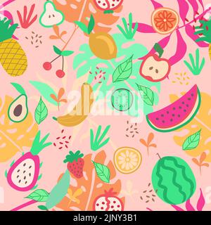 Seamless food print for fashion. Apples and lemons drawing with watercolor filter texture in bright pop colors. Fruits leaves graphic design for kitch Stock Vector