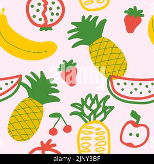 Hand drawn cute seamless pattern fruits, Orange, Banana, Pomeganate, Cherry, Strawberry, Lemon and leaf on orange pastel background. Vector illustrati Stock Vector