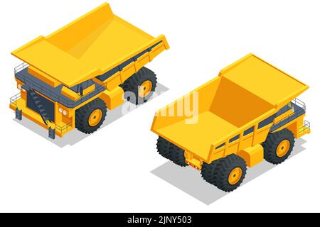 Isometric Large quarry dump truck. Heavy mining dumper isolated on white. Equipment for high-mining industry. Stock Vector