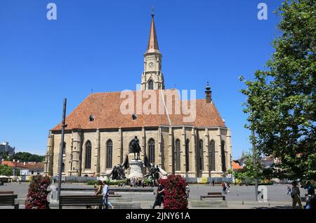 The magnificent St Michael's church, a Gothic structure, on Piata Unirii, in the centre of Cluj-Napoca, historical capital of Transylvania, Romania. Stock Photo