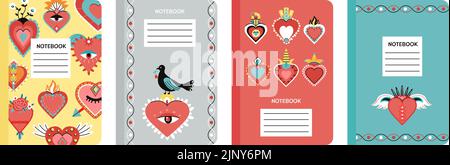 Hearts cover notebooks templates. Mexican style sacred heart design, diary or planner decoration with catholicism symbols. Retro decent vector cards Stock Vector