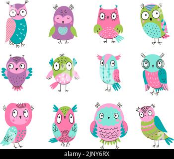 Cute cartoon owls. Nice forest owl, cutie wild colorful animals. Kids illustrated woodland birds, adorable boho style stickers. Isolated nowaday Stock Vector