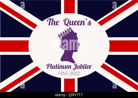 The Queen s Platinum Jubilee celebration. Silhouette profile of Elizabeth in the crown on the British flag background. Vector illustration for social Stock Vector