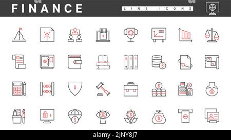 Economy, online financial analysis and documents from accountant thin red and black line icons set vector illustration. Abstract business profit presentation and strategy, insurance, legal advices Stock Vector