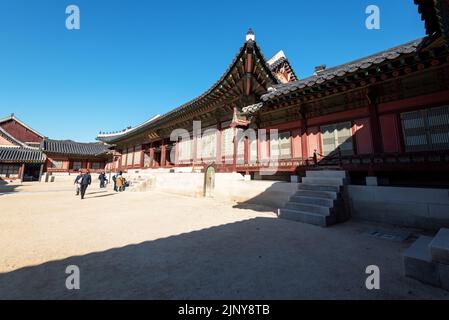 Seoul, South Korea - November 04, 2019: Gyeongbokgung Palace, the main royal palace of the Joseon dynasty. It is one of tourist attraction in Seoul. Stock Photo