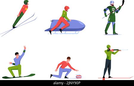 Winter sport. Snow skaters on ski ice extreme sport olympic athletes skiing snowboarding sledding garish vector flat characters Stock Vector