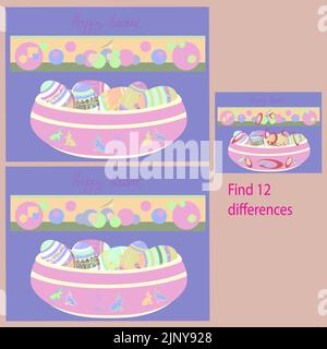 in the Happy Easter rebus for children up to 8 years old, find 12 differences Stock Vector