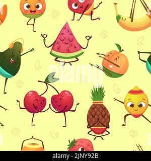 Fruits characters pattern. Funny fruits in action poses making sport exercises exact vector seamless background Stock Vector