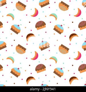 Wallpaper with cupcakes, sweets and sweet horns on a white background. Textile Background with sweets for fabric, wrapping paper or background. Stock Vector