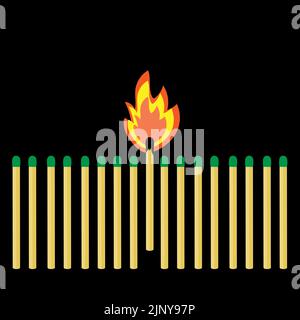 A burning match among a number of other matches. Stock Vector