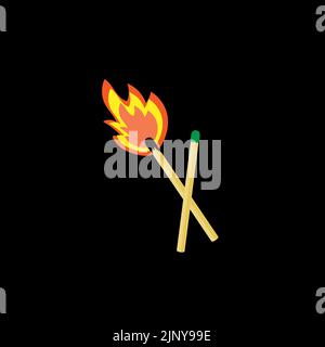 Two matches on a black background, one of which is on fire. Stock Vector