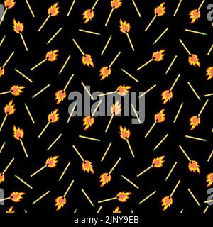 Seamless pattern from matches with flames on a black background. Stock Vector
