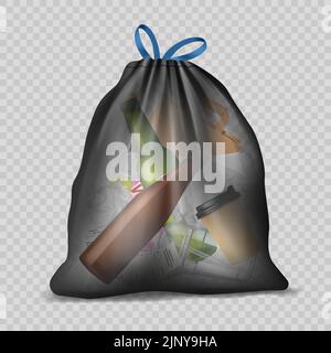 Waste bag. Realistic transparent container for trash glass bottles paper decent vector template Stock Vector