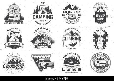 Set of camping badge. Vector. Vintage typography design with man in canoe, guitar, climber, mountain, axe, lake, compass, camper rv , tent and forest Stock Vector