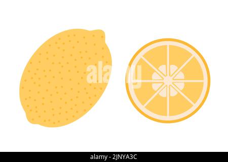 A whole lemon and a slice of lemon on an isolated white background. Flat vector illustration. Stock Vector