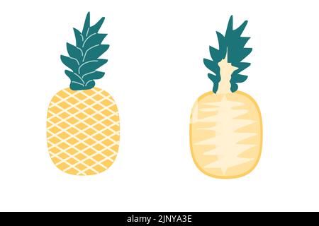 A whole pineapple and a slice of pineapple on an isolated white background. Flat vector illustration. Stock Vector