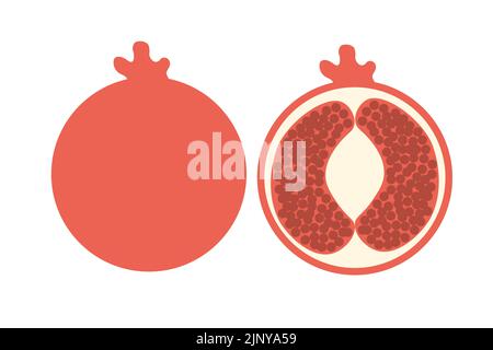 A whole pomegranate and a piece of pomegranate on an isolated white background. Flat vector illustration. Stock Vector