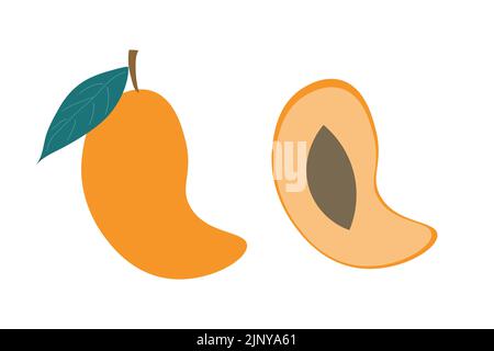 A whole mango and a slice of mango on an isolated white background. Flat vector illustration. Stock Vector